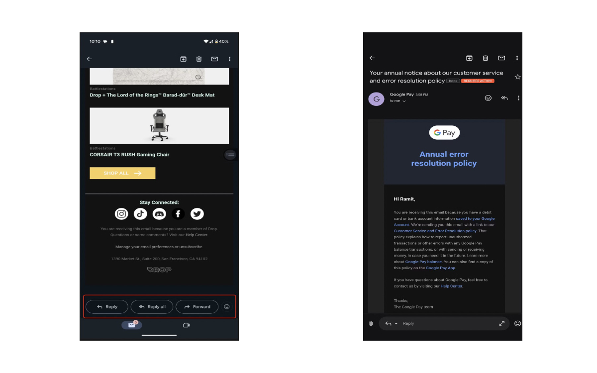 Interface Gmail pour Android Avant : après